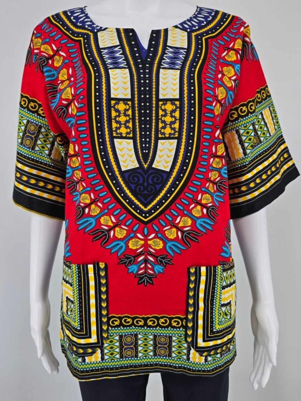 Modern Red/Blue/Yellow/Teal/White Unisex African Dashiki Pullover Tunic Top (L)